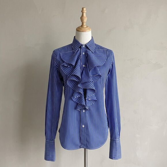 Ralph Lauren Blue Label Tops - Ralph Lauren Blue Label Ruffle Button Down Shirt Admiral Blue Stripe | 10